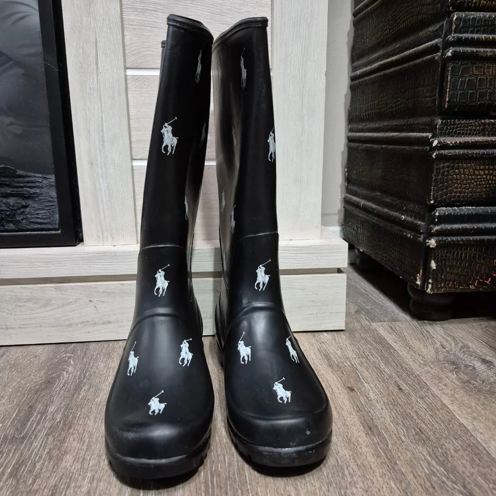 Polo Black Rain Boots with White Logos kids sz 2